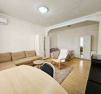 Living room in a two-room apartment with a wooden decor floor and simple furnishings.
