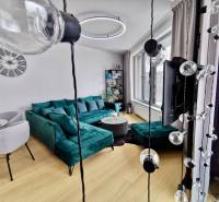 Living room in a 3-room apartment with a turquoise sofa, circular chandelier, and wooden decor flooring.