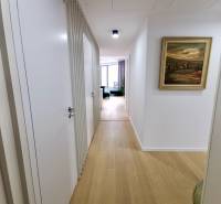A hallway in a 3-room apartment with a wooden decor floor and a picture on the wall.