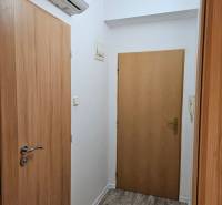 Wooden door, air conditioning, and floor with wooden decor in the office.