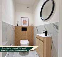 Toilet with a sink in a 3-room apartment, tiles with wood decor and a mirror.