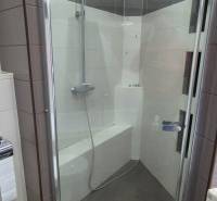 Shower enclosure in the bathroom of a family house with modern tiles and tasteful design.