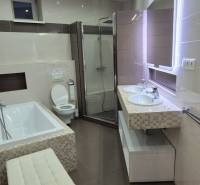 Bathroom in a family house with a bathtub, shower, two sinks, and a toilet.