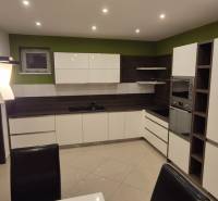 A kitchen in a family house with light fixtures, green walls, and built-in appliances.