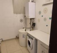 Laundry room in a family house with a washing machine, boiler, and decorative wall painting.