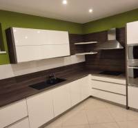 A kitchen in a family house with wooden decor and green walls.