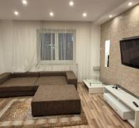 Living room with subtle stone cladding, a sofa, and a wooden decor floor in a family house.