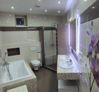 Bathroom with a bathtub, shower, double sink, and floral decor in a family house.