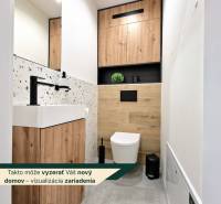 A toilet in a 3-room apartment with a wooden decor floor and modern accessories.