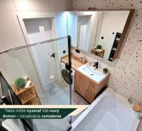 Bathroom in a 3-room apartment with a bathtub, sink, and washing machine, floor with wood decor.
