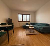 Living room in a family house with a green sofa, dining table, and wooden decor flooring.