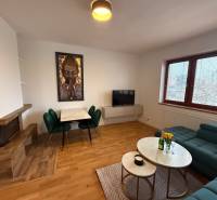 Living room with a fireplace, sofa, and wood-patterned flooring in a family house.