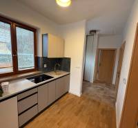 A kitchen in a family house with a wood-patterned floor, white cabinets, and a large window.
