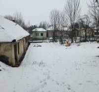 A snow-covered yard in front of a family house in the town of Felsőtelekes, trees without leaves.