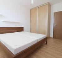 Bedroom in a 2-room apartment with a bed, wardrobe, and floor with wooden decor.