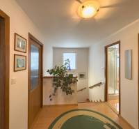 A hallway in a family house with a wooden decor floor, paintings, and a plant.
