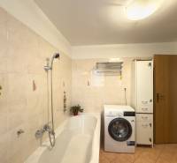 Bathroom with a bathtub, washing machine, and cabinet in a family house. Tile detail completes the overall look.