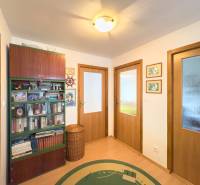Interior of a family house with a bookshelf, wooden doors, and a floor with a wood decor.