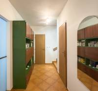 A hallway in a family house with tiles, a mirror, and wooden doors.