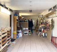 A garage in a family house with storage shelves and a ladder.