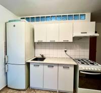 A kitchen with white cabinets, a stove, and a refrigerator in a studio apartment.