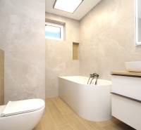 Bathroom with a bathtub, sink, and toilet, floor with wood decor.