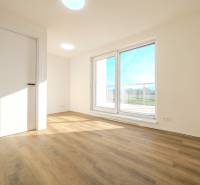 A bright room in a family house with a wooden decor floor and a large window.
