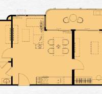 Floor plan of a 3-room apartment with furnishings, including a kitchen, bathroom, and living room.