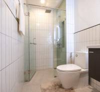A bathroom in a 3-room apartment with a modern shower, toilet, and decorative tiling.