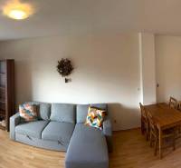 Living room with a kitchen in a 3-room apartment, wooden decor flooring, corner sofa.