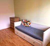 A room in a 3-room apartment with a sofa, drawers, and a floor with a wood decor.