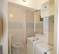 Bathroom with a washing machine, toilet, and shower in a 3-room apartment.