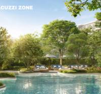 Apartment construction in Phuket with an outdoor jacuzzi area surrounded by greenery and a peaceful atmosphere.