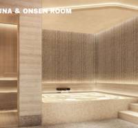 Sauna and onsen within the Apartment Construction project, with minimalist wooden decor and plants.