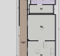 Floor plan of a family house with four rooms and a kitchen.