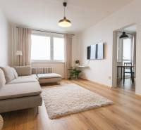 Living room with a sofa, TV, carpet, and wood-patterned flooring in a 3-room apartment.