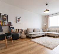 Living room with a sofa, bookshelf, and decor; floor with wood decor, 3-room apartment.