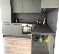 A kitchen in a 3-room apartment with a wood-patterned floor and gray cabinets.