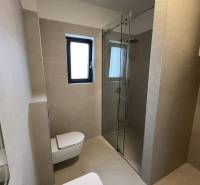 Bathroom in a holiday apartment with a shower, toilet, and a window on the wall.