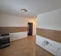 A kitchen in a 2-room apartment with a wood-patterned floor and a stove.