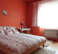 A bedroom with orange walls, a bed, and a carpet in a two-room apartment with decor.