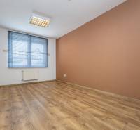 A room in a family house with a brown wall, a floor with a wooden decor, blinds.