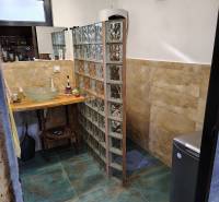 A bathroom in a cottage with a sink, a glass partition, and colorful tiles.