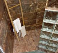 A bathroom in a cabin with ceramic tiles, a towel ladder, and a glass wall.