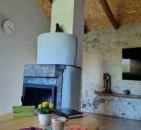 Interior of a cabin with a fireplace, coffee table, and wooden-patterned flooring.