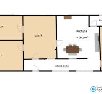 Floor plan of a family house with three rooms, a bathroom, a kitchen, and a pantry.
