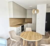 Kitchen corner with dining area, wooden decor flooring, studio apartment.