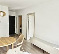 Dining table and chairs in a studio apartment with a wood-patterned floor.