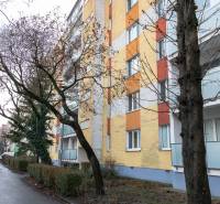 Apartment building on Kozmonautická Street in Bratislava - Ružinov surrounded by trees and a sidewalk.