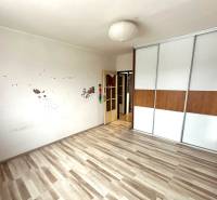 A bright room with a wardrobe and a wooden decor floor in a 4-room apartment.